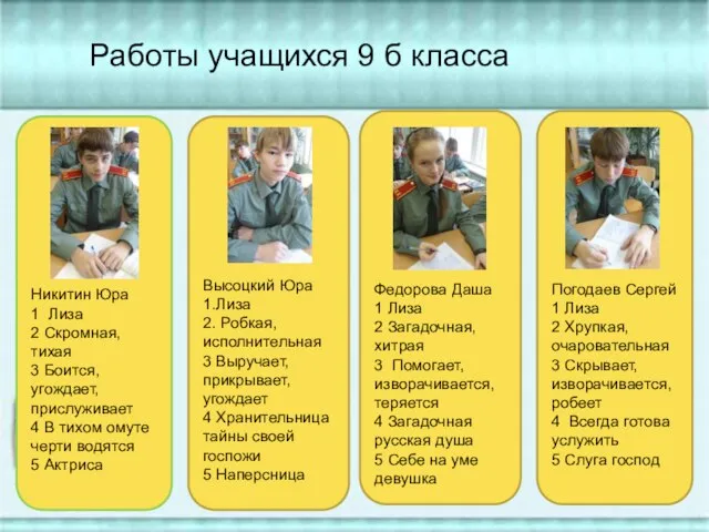 Никитин Юра 1 Лиза 2 Скромная, тихая 3 Боится, угождает, прислуживает 4