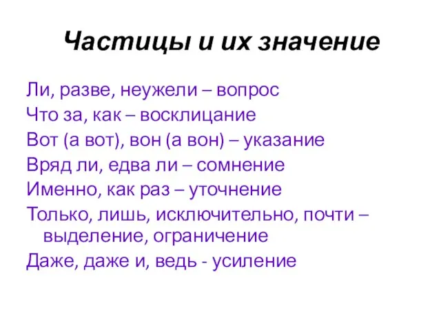 Частицы и их значение Ли, разве, неужели – вопрос Что за, как