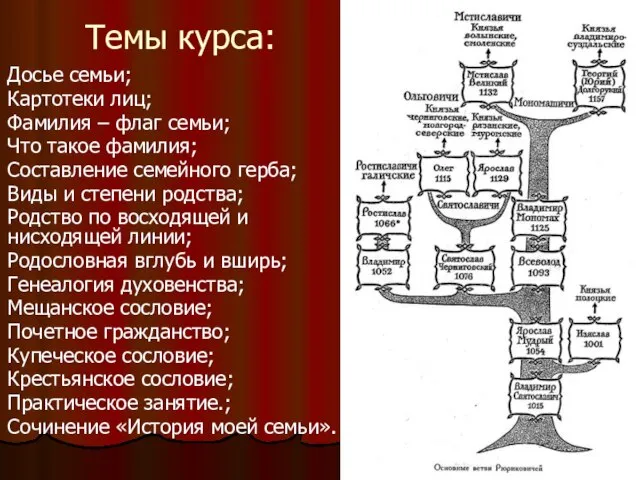 Темы курса: Досье семьи; Картотеки лиц; Фамилия – флаг семьи; Что такое