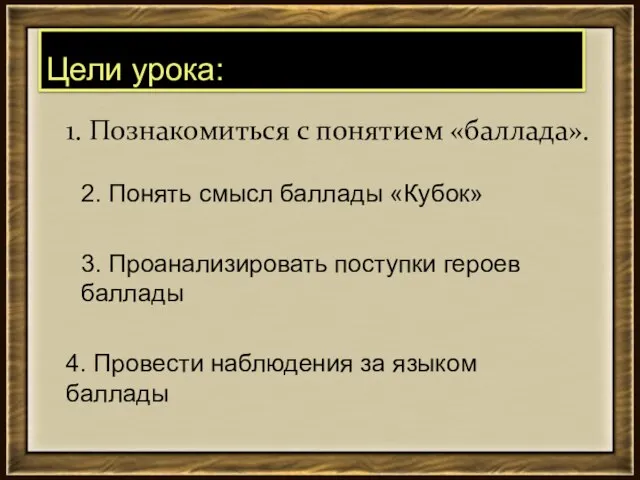 1. Познакомиться с понятием «баллада». Цели урока: 2. Понять смысл баллады «Кубок»