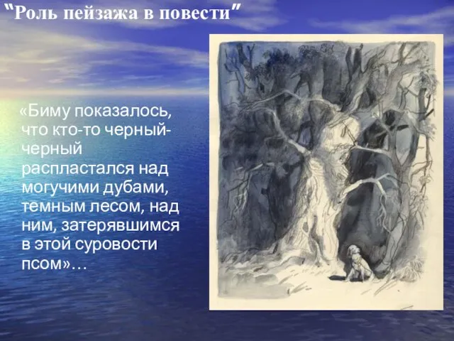 «Биму показалось, что кто-то черный-черный распластался над могучими дубами, темным лесом, над