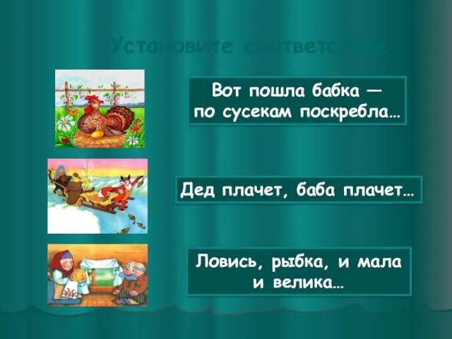 Установите соответствие Дед плачет, баба плачет… Вот пошла бабка — по сусекам