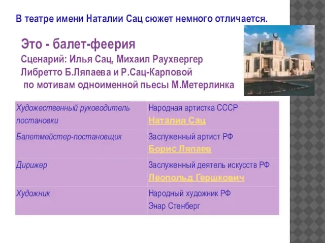 Это - балет-феерия Сценарий: Илья Сац, Михаил Раухвергер Либретто Б.Ляпаева и Р.Сац-Карповой