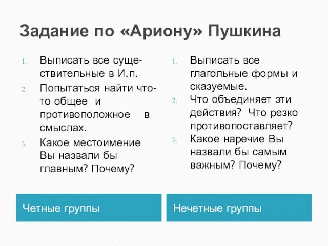 Задание по «Ариону» Пушкина Четные группы Нечетные группы Выписать все суще-ствительные в