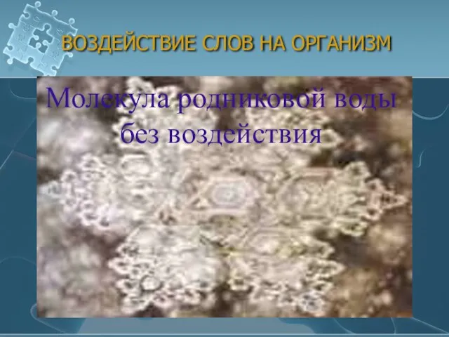 ВОЗДЕЙСТВИЕ СЛОВ НА ОРГАНИЗМ Молекула родниковой воды без воздействия