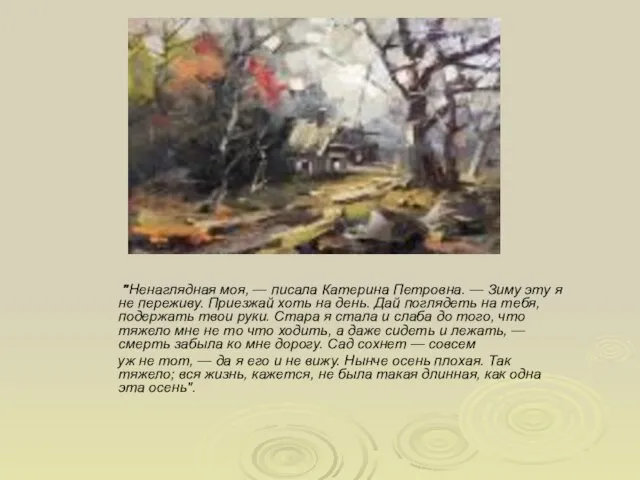 "Ненаглядная моя, — писала Катерина Петровна. — Зиму эту я не переживу.