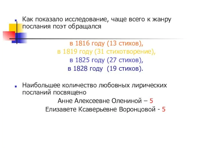 Как показало исследование, чаще всего к жанру послания поэт обращался в 1816