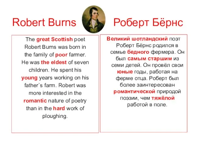 Robert Burns Роберт Бёрнс The great Scottish poet Robert Burns was born