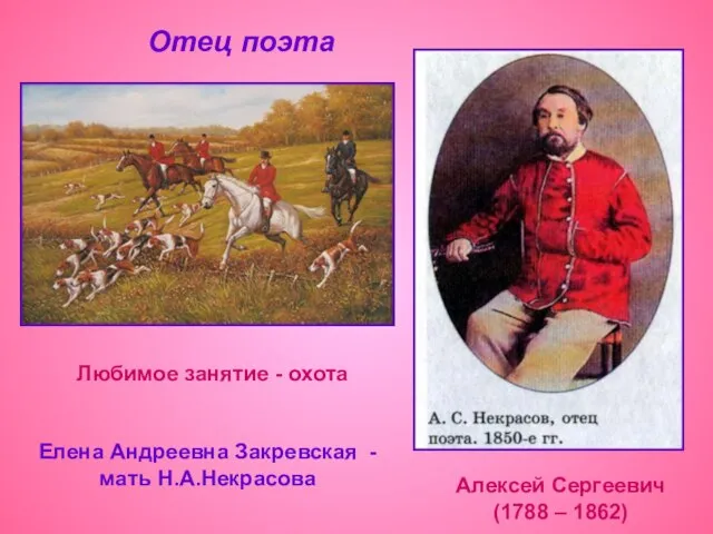 Отец поэта Алексей Сергеевич (1788 – 1862) Любимое занятие - охота Елена