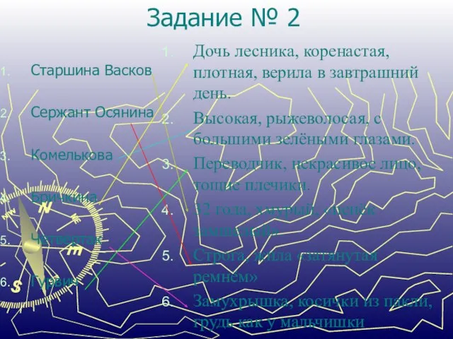 Задание № 2 Старшина Васков Сержант Осянина Комелькова Бричкина Четвертак Гурвич Дочь