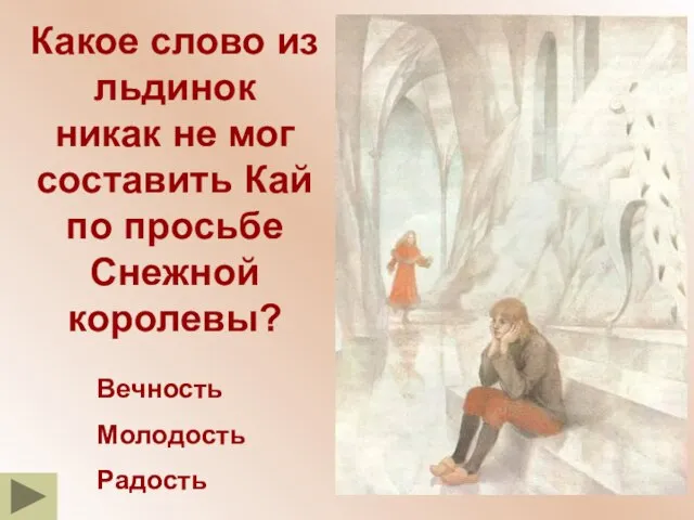 Какое слово из льдинок никак не мог составить Кай по просьбе Снежной королевы? Вечность Молодость Радость