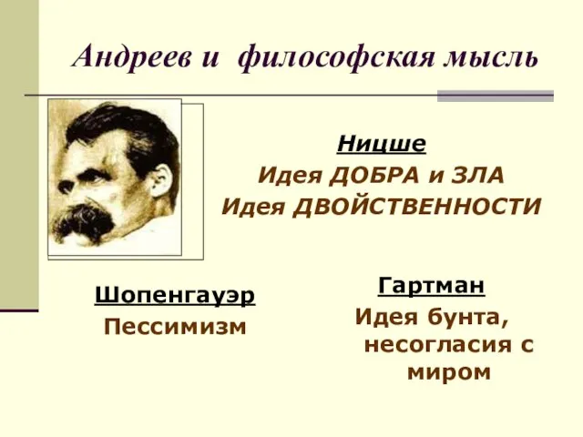 Андреев и философская мысль Ницше Идея ДОБРА и ЗЛА Идея ДВОЙСТВЕННОСТИ Шопенгауэр