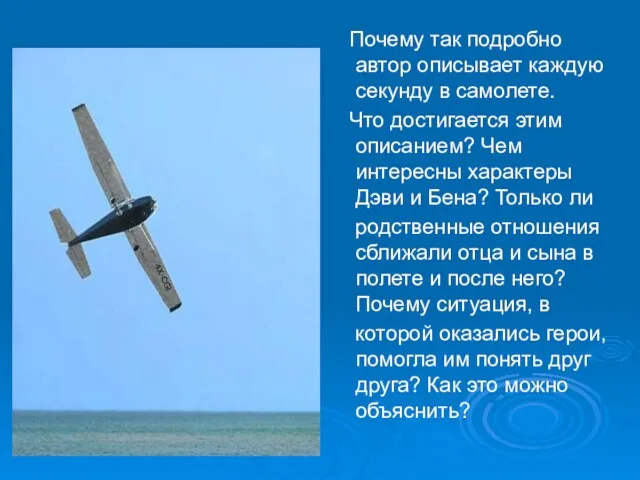 Почему так подробно автор описывает каждую секунду в самолете. Что достигается этим