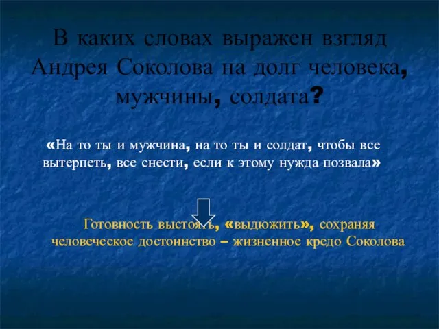 В каких словах выражен взгляд Андрея Соколова на долг человека, мужчины, солдата?