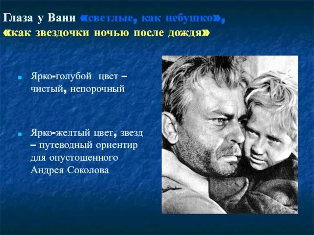 Глаза у Вани «светлые, как небушко», «как звездочки ночью после дождя» Ярко-голубой