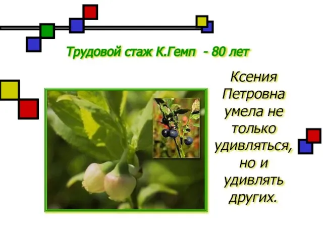 Ксения Петровна умела не только удивляться, но и удивлять других. Трудовой стаж К.Гемп - 80 лет