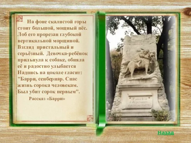 На фоне скалистой горы стоит большой, мощный пёс. Лоб его прорезан глубокой