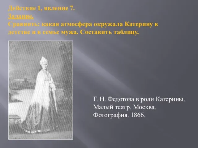 Г. Н. Федотова в роли Катерины. Малый театр. Москва. Фотография. 1866. Действие