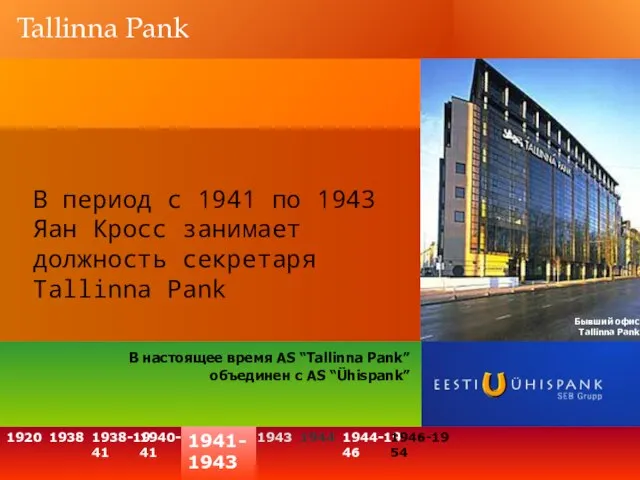 Tallinna Pank В период с 1941 по 1943 Яан Кросс занимает должность