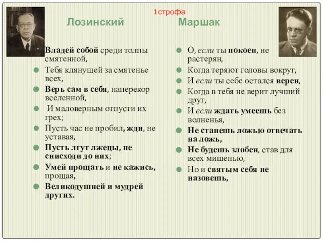 1строфа Лозинский Маршак Владей собой среди толпы смятенной, Тебя клянущей за смятенье