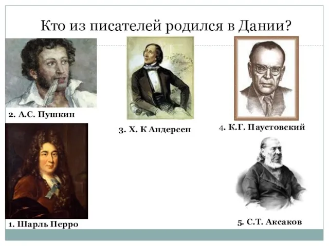 Кто из писателей родился в Дании? 2. А.С. Пушкин 3. Х. К