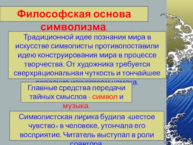 Философская основа символизма. Традиционной идее познания мира в искусстве символисты противопоставили идею