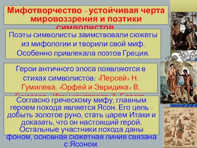 Мифотворчество - устойчивая черта мировоззрения и поэтики символистов. Поэты-символисты заимствовали сюжеты из