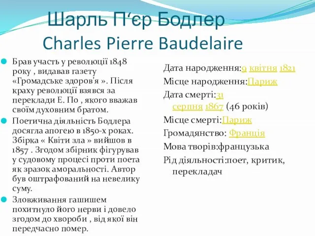 Шарль П‘єр Бодлер Charles Pierre Baudelaire Брав участь у революції 1848 року