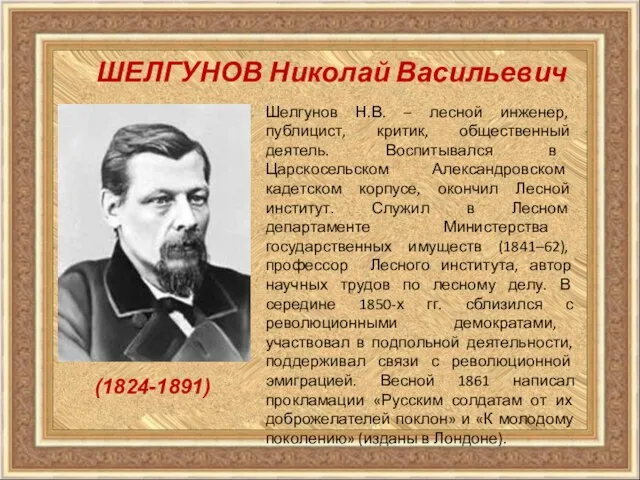 ШЕЛГУНОВ Николай Васильевич Шелгунов Н.В. – лесной инженер, публицист, критик, общественный деятель.