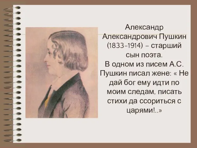 Александр Александрович Пушкин (1833-1914) – старший сын поэта. В одном из писем