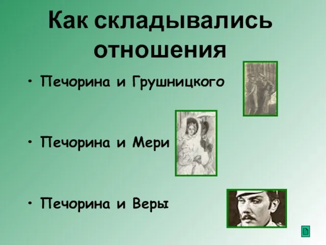 Как складывались отношения Печорина и Грушницкого Печорина и Мери Печорина и Веры