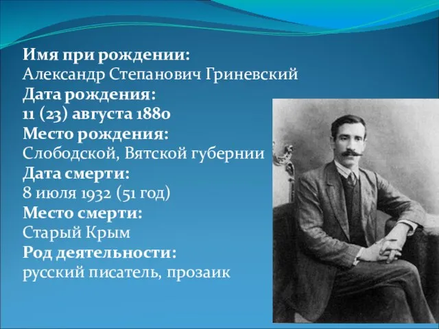 Имя при рождении: Александр Степанович Гриневский Дата рождения: 11 (23) августа 1880