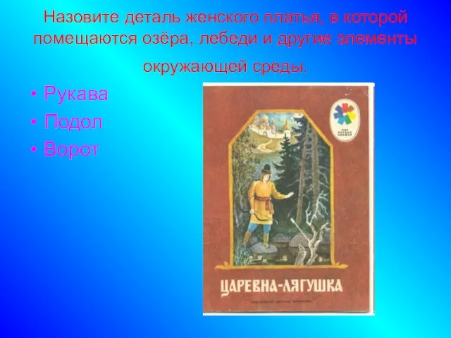 Назовите деталь женского платья, в которой помещаются озёра, лебеди и другие элементы