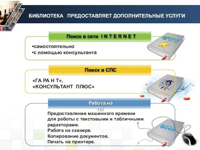 БИБЛИОТЕКА ПРЕДОСТАВЛЯЕТ ДОПОЛНИТЕЛЬНЫЕ УСЛУГИ Поиск в сети I N T E R