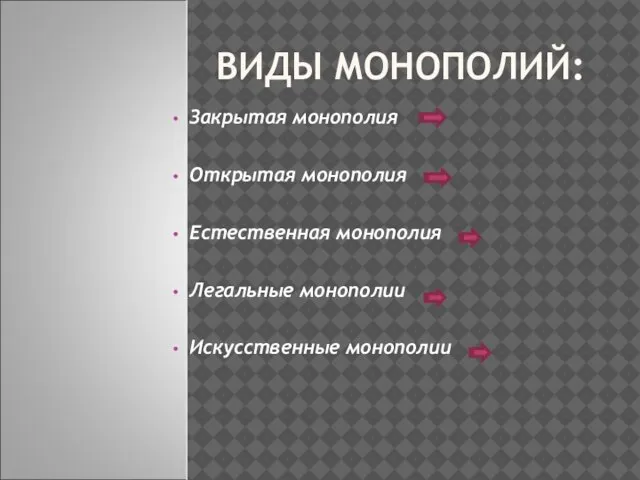 ВИДЫ МОНОПОЛИЙ: Закрытая монополия Открытая монополия Естественная монополия Легальные монополии Искусственные монополии