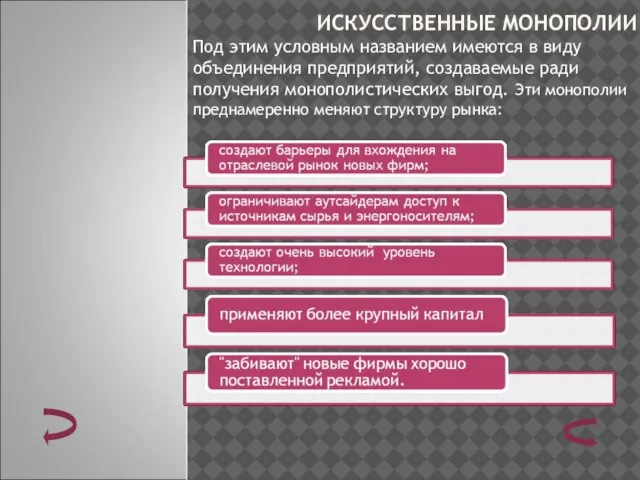 ИСКУССТВЕННЫЕ МОНОПОЛИИ Под этим условным названием имеются в виду объединения предприятий, создаваемые