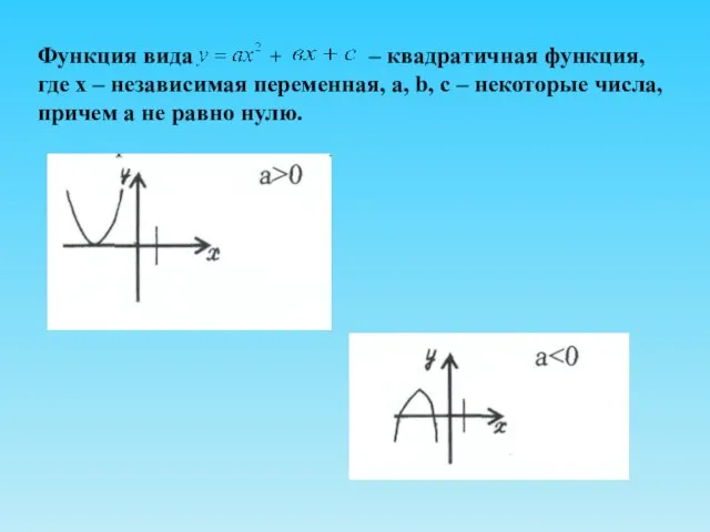 Функция вида + – квадратичная функция, где х – независимая переменная, a,