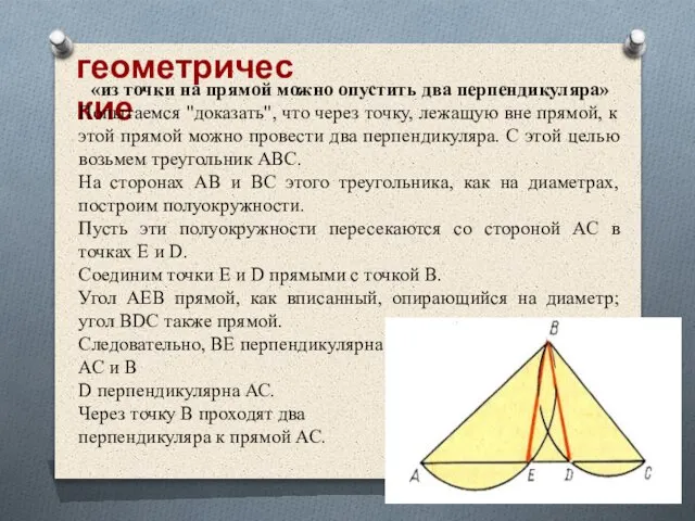 геометрические «из точки на прямой можно опустить два перпендикуляра» Попытаемся "доказать", что