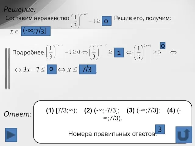 Решение: Составим неравенство . Решив его, получим: Подробнее. (1) [7/3;∞); (2) (-∞;-7/3];