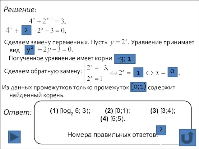 Решение: Сделаем замену переменных. Пусть Уравнение принимает вид Полученное уравнение имеет корни