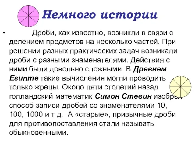 Немного истории Дроби, как известно, возникли в связи с делением предметов на