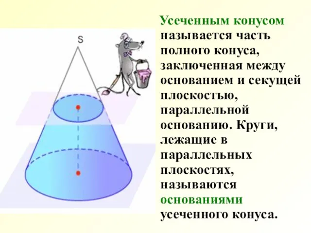 Усеченным конусом называется часть полного конуса, заключенная между основанием и секущей плоскостью,