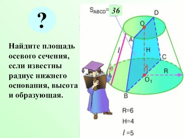 Найдите площадь осевого сечения, если известны радиус нижнего основания, высота и образующая. 36 ?