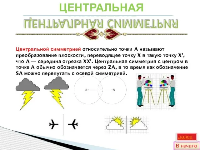 Центральной симметрией относительно точки A называют преобразование плоскости, переводящее точку X в