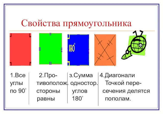 Свойства прямоугольника 1.Все 2.Про- з.Сумма 4.Диагонали углы тивополож. одностор. Точкой пере- по