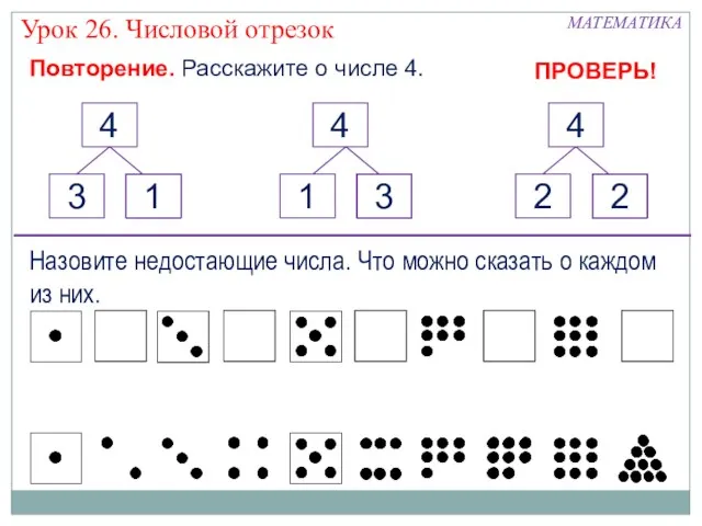 Повторение. Расскажите о числе 4. 1 3 2 МАТЕМАТИКА Урок 26. Числовой