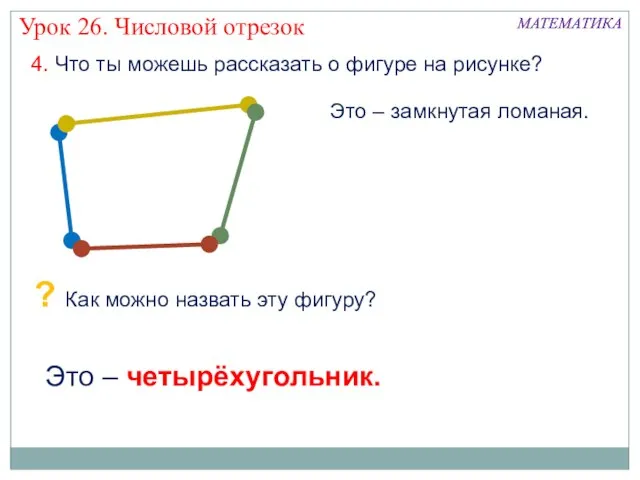 4. Что ты можешь рассказать о фигуре на рисунке? Это – четырёхугольник.