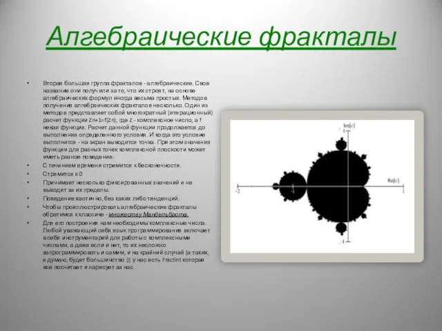 Алгебраические фракталы Вторая большая группа фракталов - алгебраические. Свое название они получили