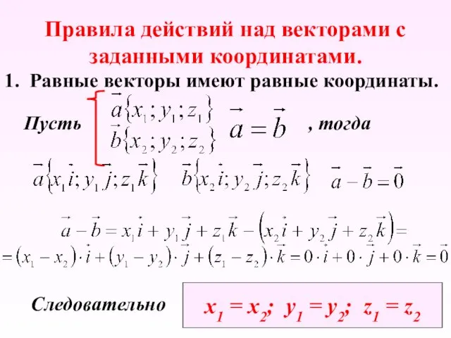 Правила действий над векторами с заданными координатами. 1. Равные векторы имеют равные