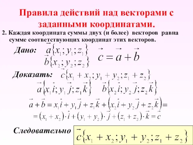 Правила действий над векторами с заданными координатами. 2. Каждая координата суммы двух